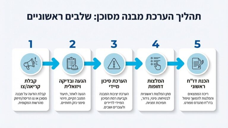 מהנדס קונסטרוקטור בוחן נזקי שריפה במבנה עם ציוד מגן