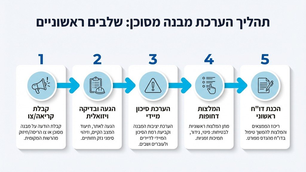 מהנדס קונסטרוקטור בוחן נזקי שריפה במבנה עם ציוד מגן