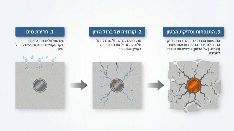 נזקי מים ביסודות מבנה בטון עם ברזל חשוף